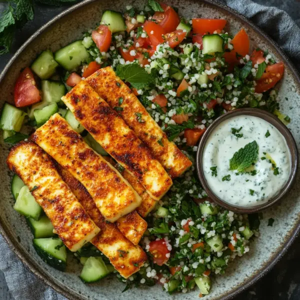 Würziger Halloumi mit Tabbouleh und Minzjoghurt